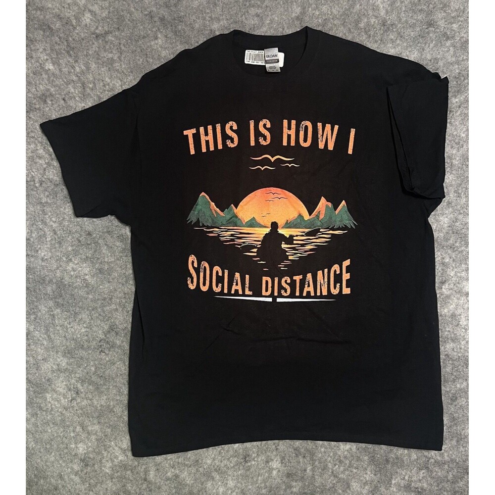 Social Distance T-Shirt Mens XL Black 100% Ultra Cotton Gildan Sunset Mountains